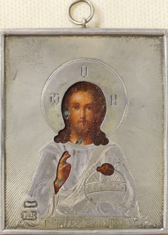 Antique 19c 84 Silver Russian Icon of Christ Pendant (8643)