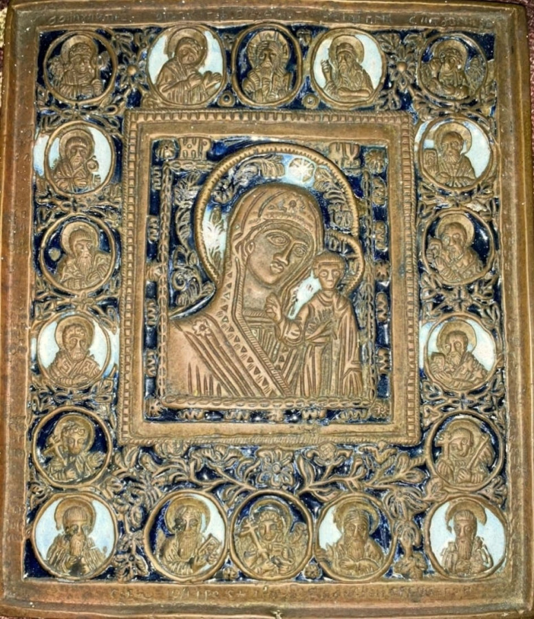 Antique 19c Color Enamel Bronze icon of Kazan (1108)