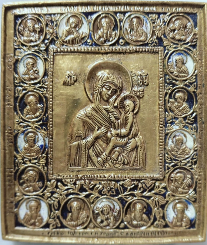 Antique 19c Russian Bronze Enamel icon of Tikhvin (1107)
