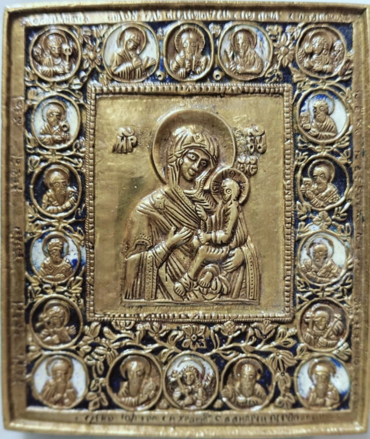 Antique 19c Russian Bronze Enamel icon of Tikhvin (1107)