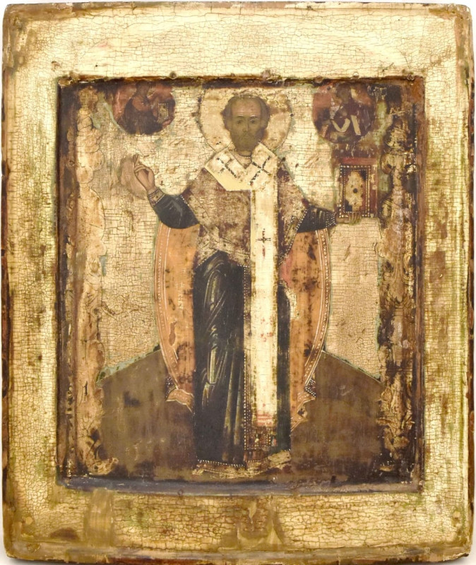 Antique 17c Russian icon of St Nicholas of Mozhaisk (14296)