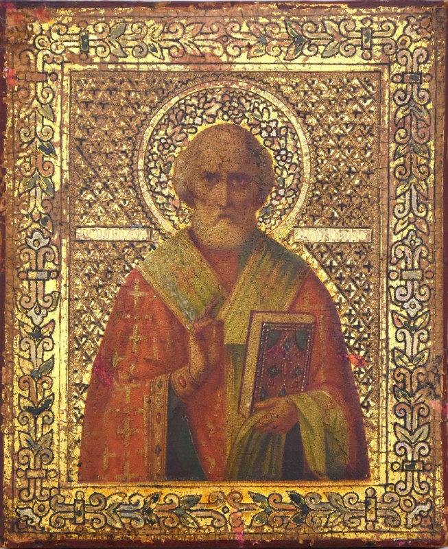 Antique 19c Russian icon of St Nicholas on gold (12720)