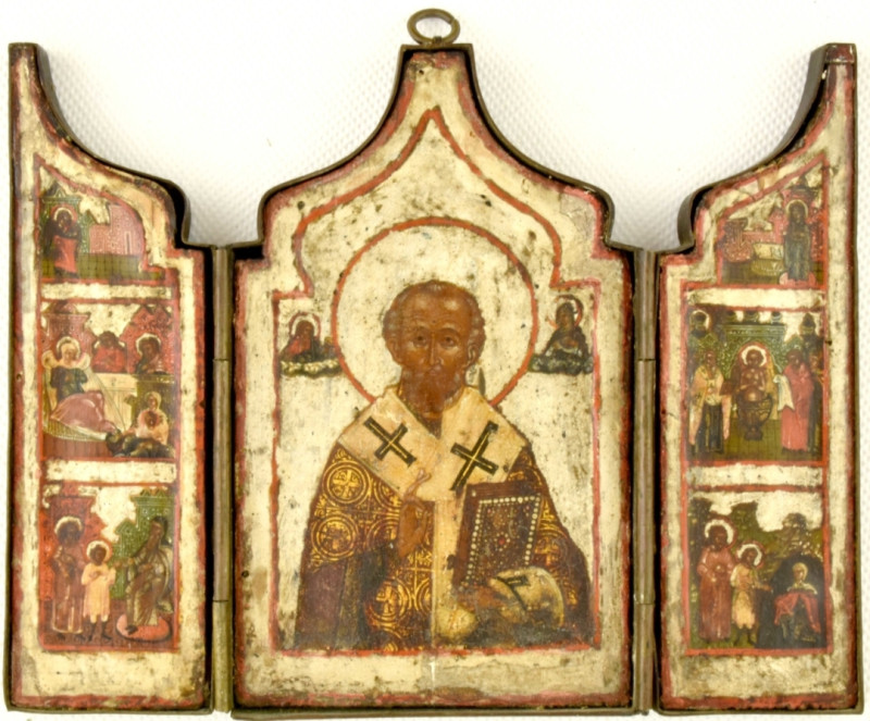 Antique 17c Russian icon Triptyc of St Nicholas (13567)