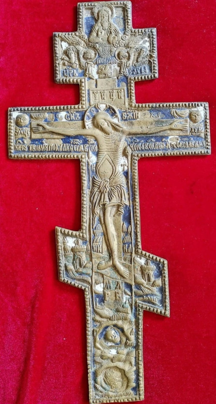 Antique 19c Russian Enamel Bronze Cricifix Cross