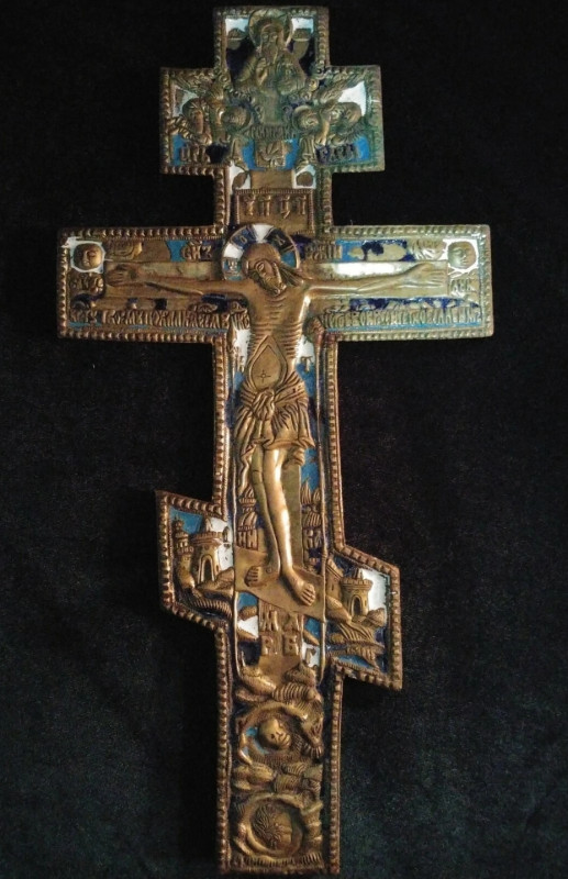 Antique 19c Russian Color Enamel Bronze Crucifix