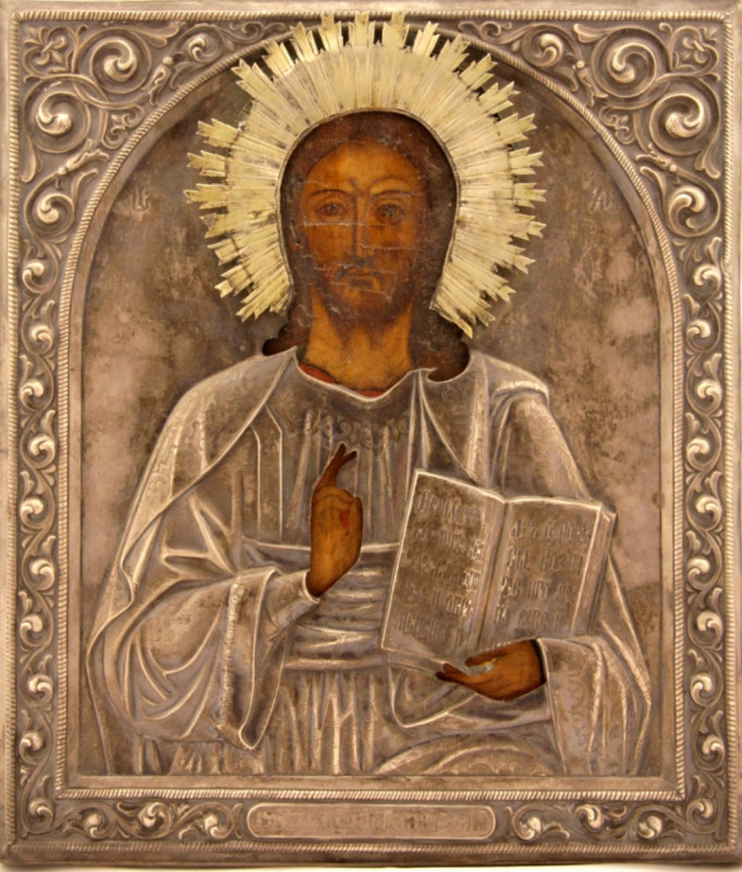 Antique 19c Silver Russian icon of Christ (8350)