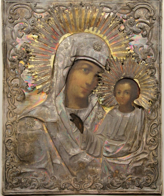Antique 19c 84 Silver Russian icon of Kazan (11460)