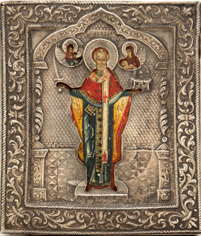 Antique 19c 84 Silver Russian icon of St Nicholas of Mozhaisk (10048)
