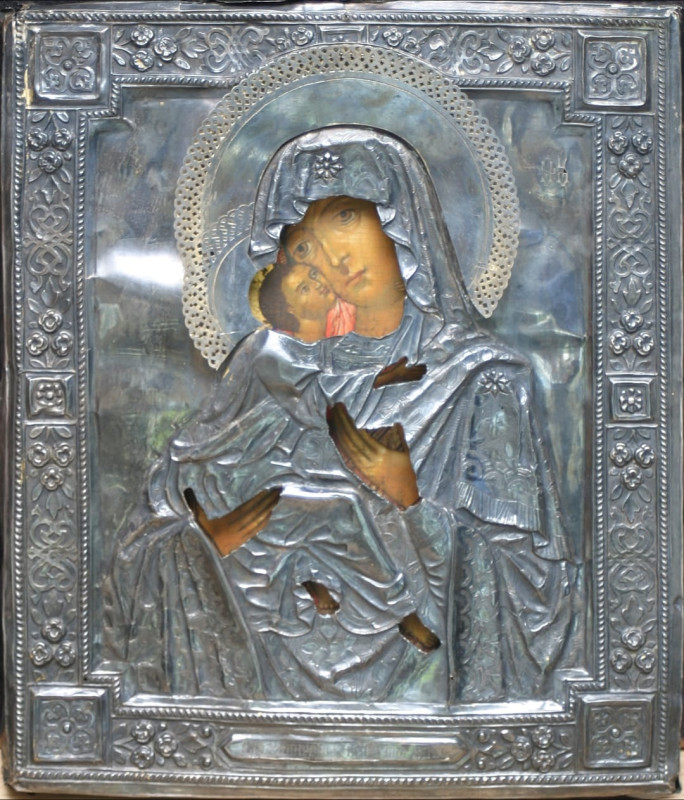Antique 19c 84 Silver Russian icon of Vladimir (4366)