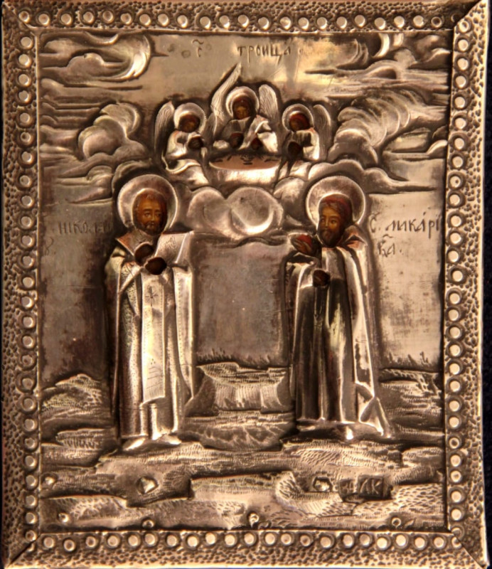 Antique 19c 84 Silver Russian icon of Veneration of Trinity (7759)