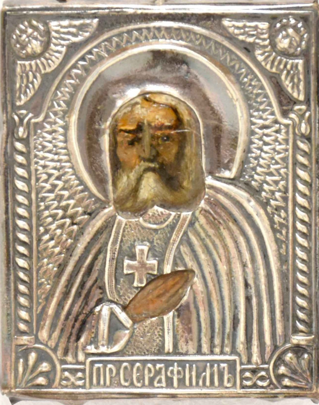 Antique 84 Silver Russian icon of St Seraphim of Sarov (14481)