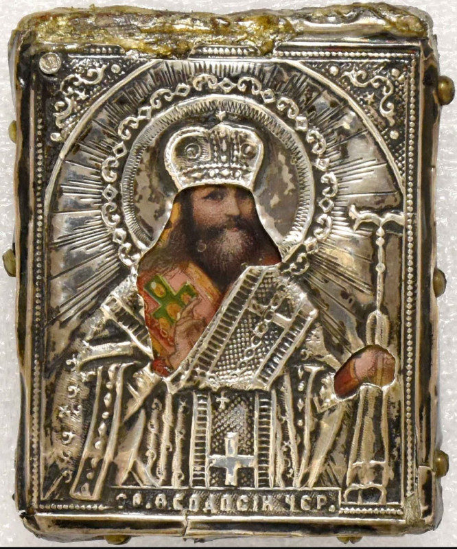 Antique 19c 84 Silver Russian icon of St Feodosiy of Chernigov (14480)