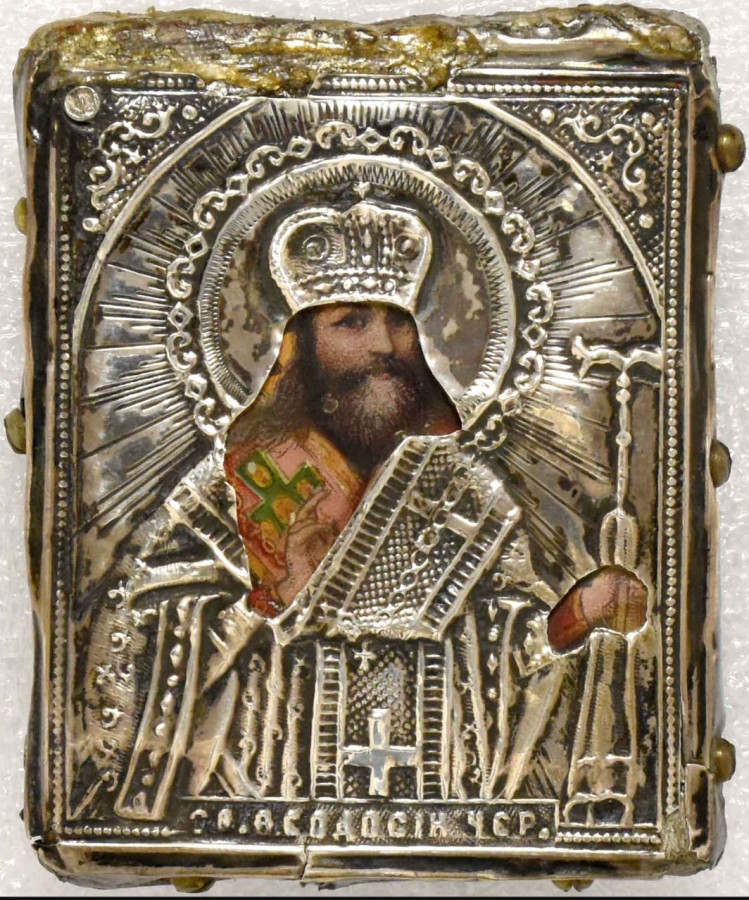 Antique 19c 84 Silver Russian icon of St Feodosiy of Chernigov (14480)