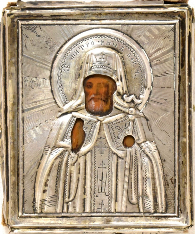Antique 19c 84 Silver Russian icon of St Mitrofan of Voronezh (12547)