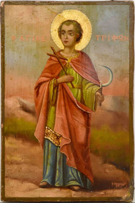 Antique 19c Russian icon of St Trifon (14403)