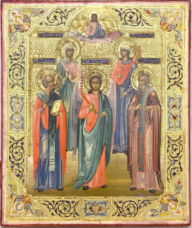 Antique 19c Russian Icon of the Guardian Angel and Selected Saints (142949
