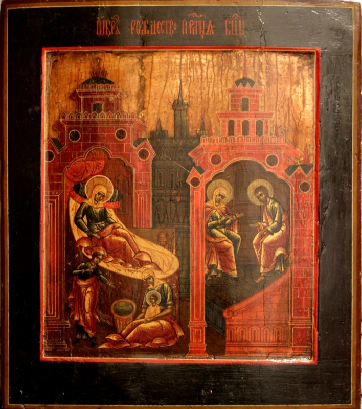 Antique 18-19c Russian icon of Nativity of Mary (61321)