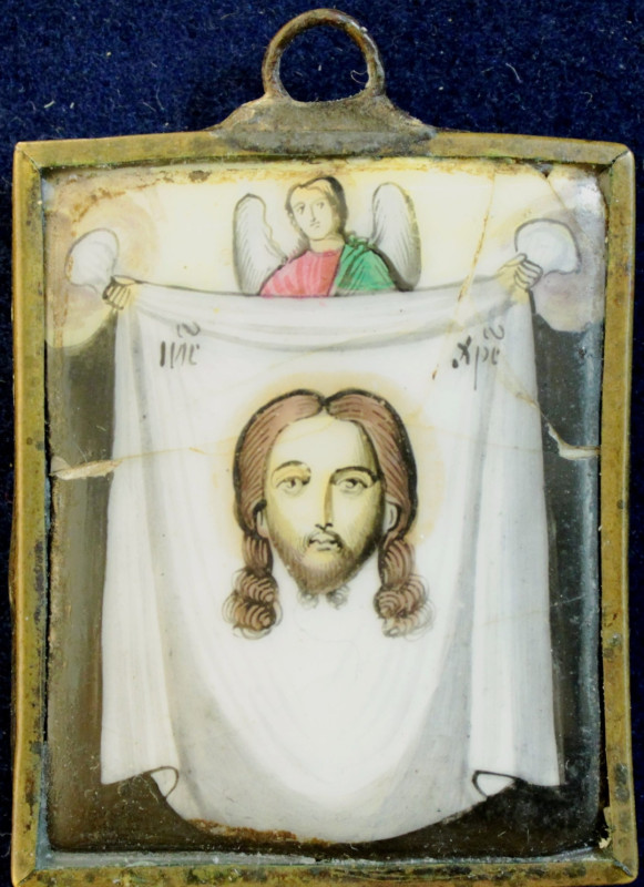 Antique 19c Russian Finift icon of Christ Mandylion (7336)