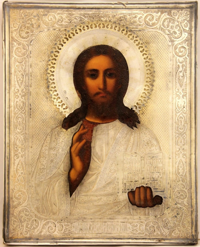 Antique 19c 84 Silver Russian icon of Christ (9894)