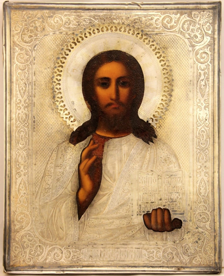 Antique 19c 84 Silver Russian icon of Christ (9894)