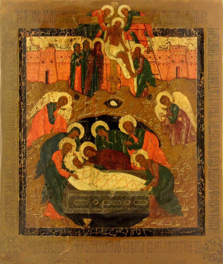 Antique 18c Russian icon of the Descent from the Cross (8357)