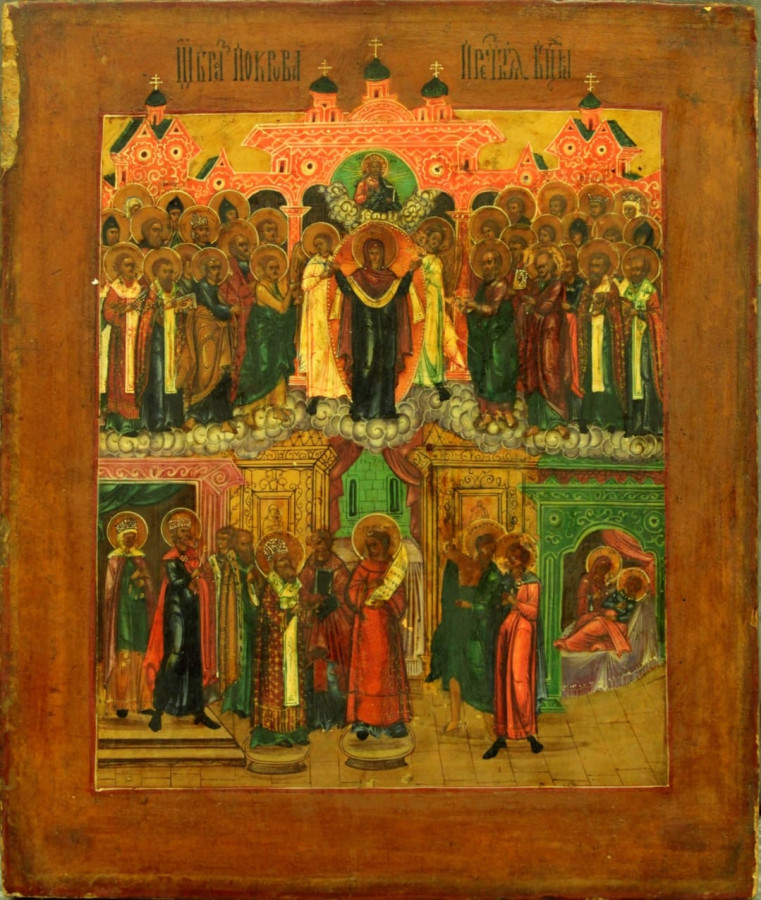 Antique 19c Russian Icon of Pokrov (7584)
