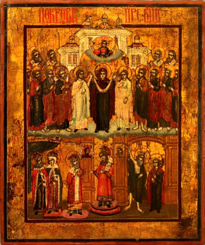 Antique 18c Russian icon of the Pokrov (5373)