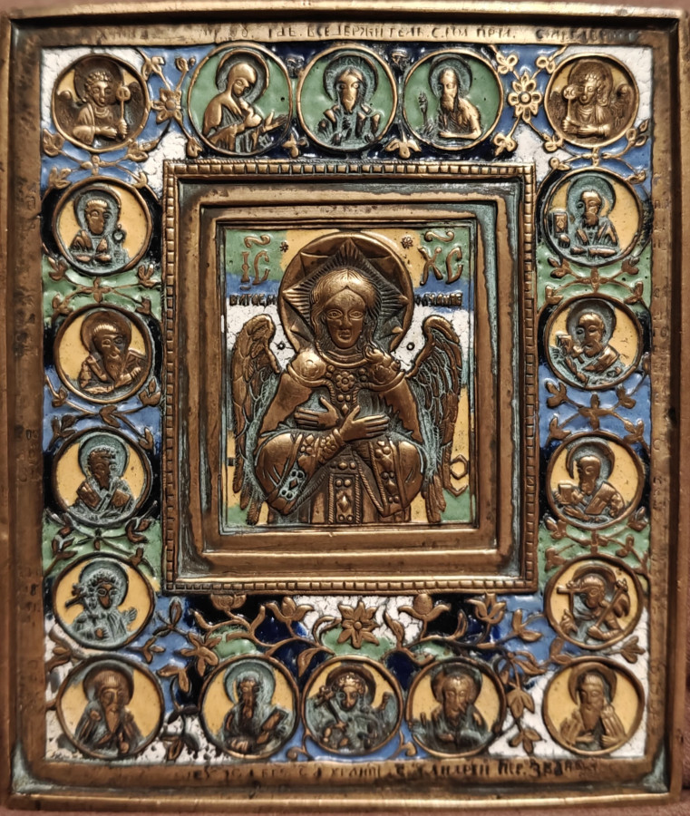 Antique 19c Color Bronze Enamel Russian icon Christ Blessed in Silence (1108)