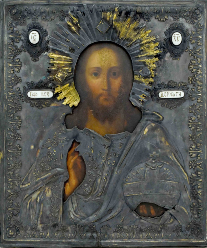 Antique 19c 84 Silver Russian icon of Christ (14528)