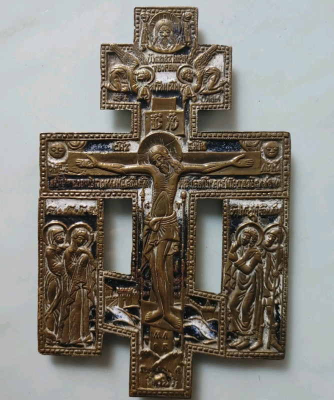 Antique 19c Russian Enamel Bronze Cross (2214)