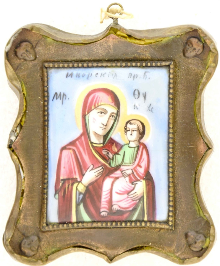 Antique 19c Russian finift icon of Iverskaya (14864)