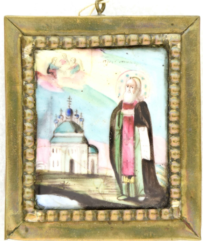 Antique 19c Russian finift icon of St Makariy (14849)