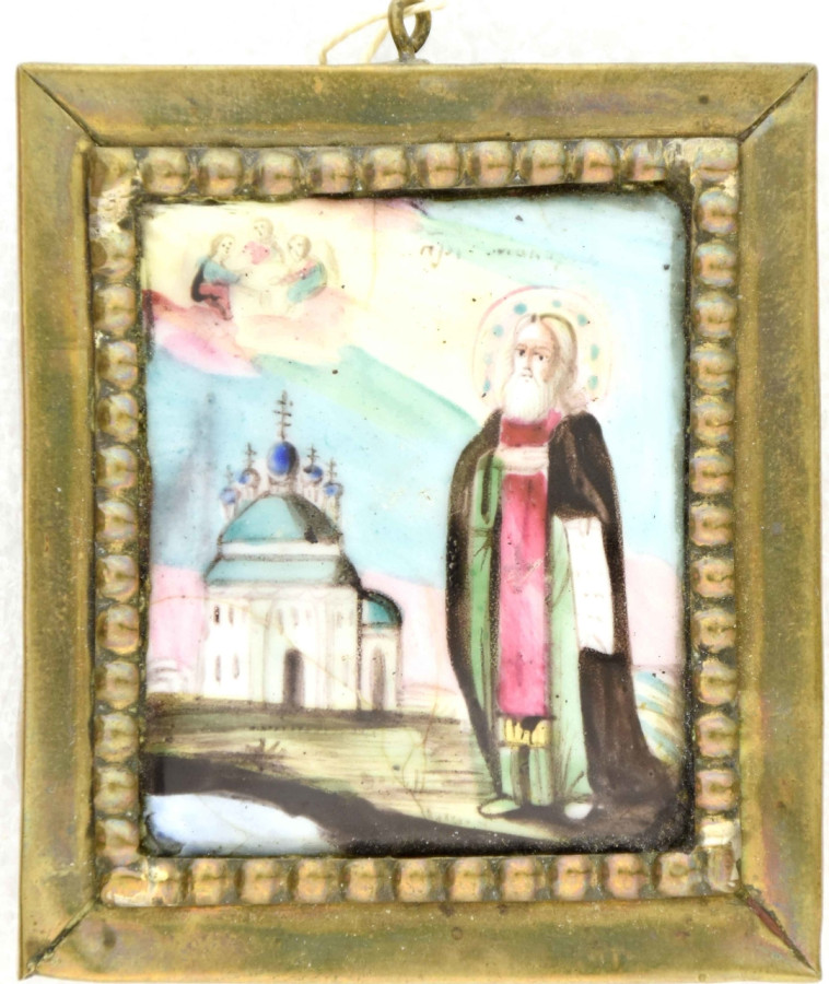 Antique 19c Russian finift icon of St Makariy (14849)