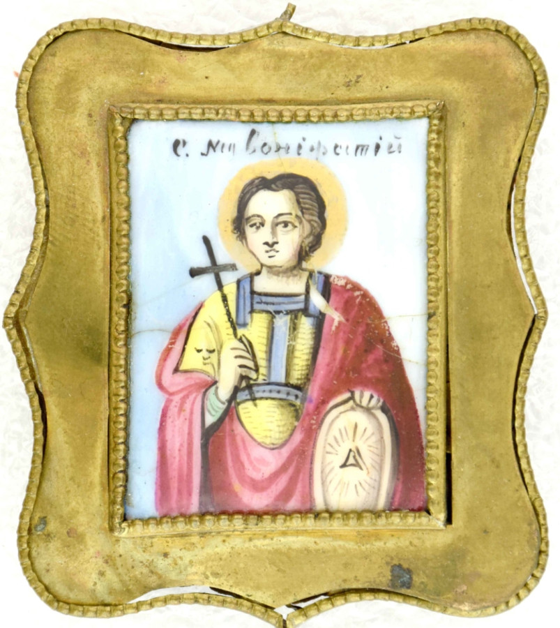 Antique 19c Russian finift icon of Boniface (14813)