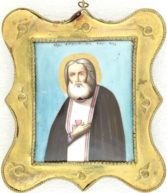Antique 19c Russian finift icon of St Seraphim (14755)