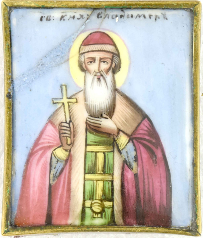 Antique 19c Russian finift icon of St Vladimir (14796)