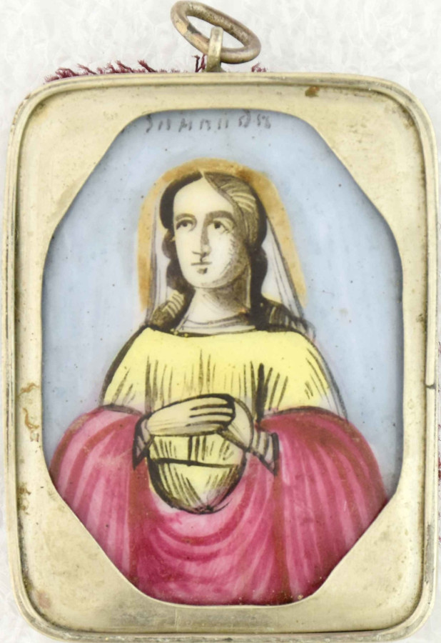 Antique 19c Russian finift icon of St Zinaida (14807)