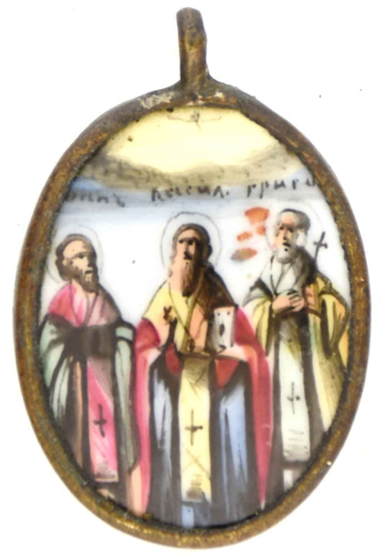Antique 19c Russian finift icon of Three Saints (14892)