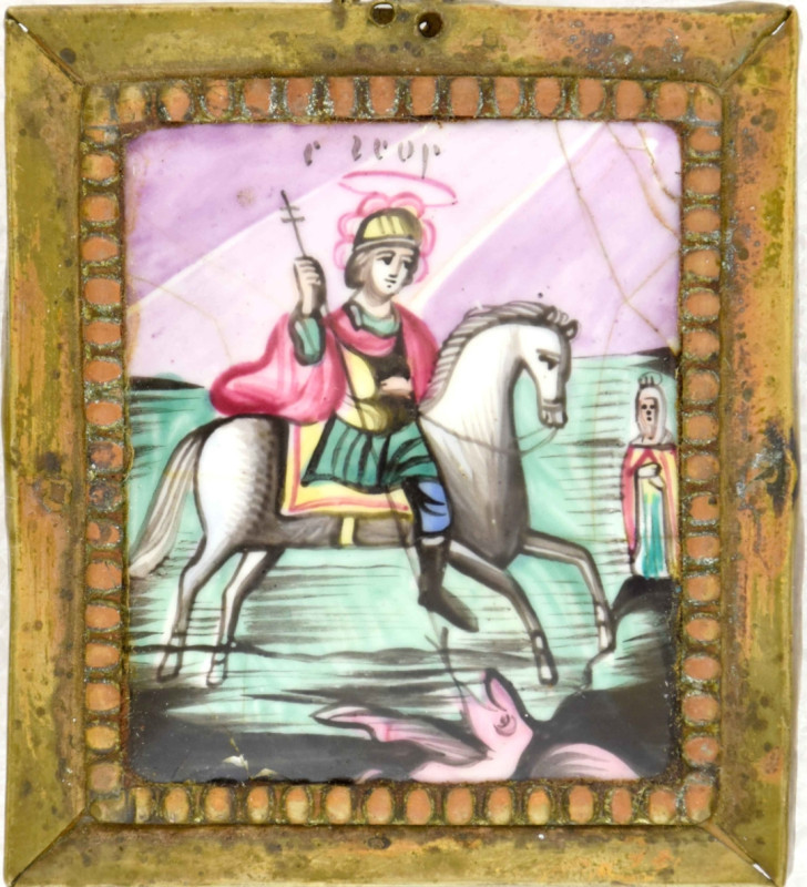 Antique 19c Russian finift icon of St George (14811)