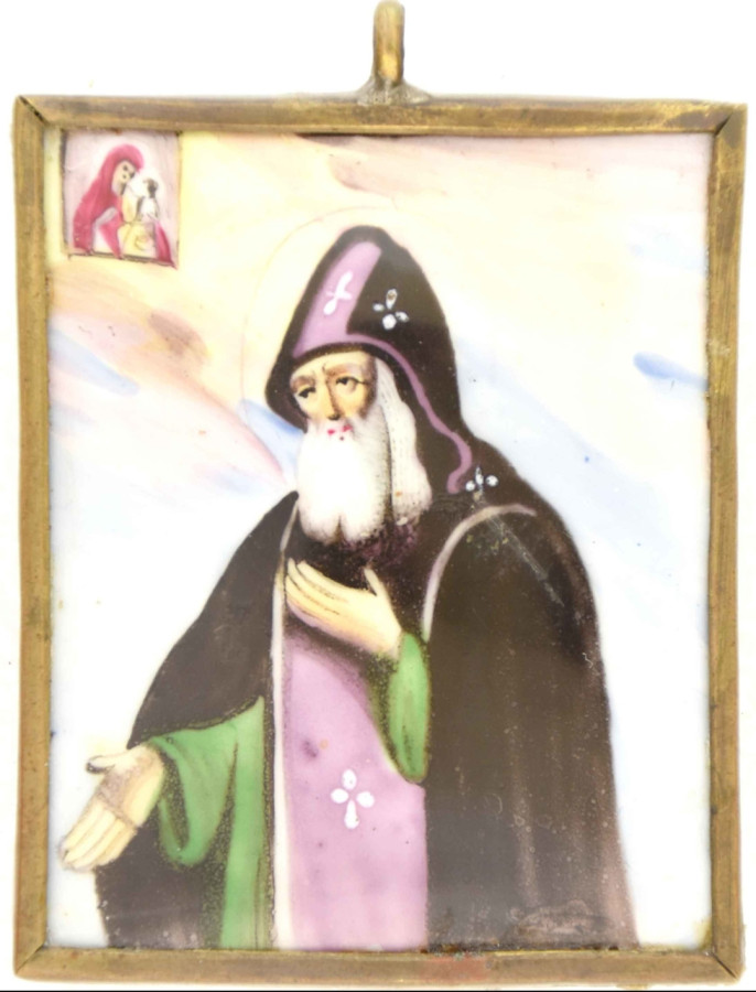 Antique 19c Russian finift icon of St Arseniy (14878)