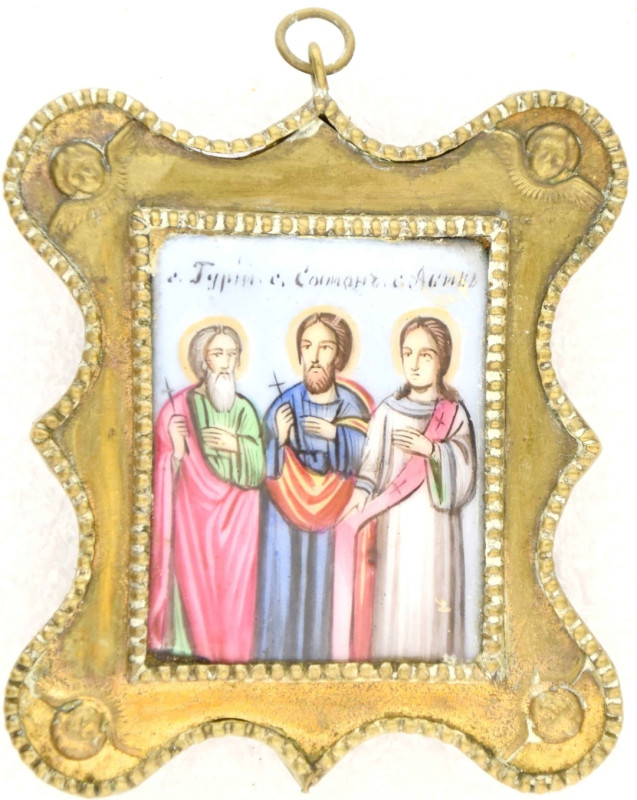 Antique 19c Russian finift icon of Saimon, Guriy & Abiba (14869)