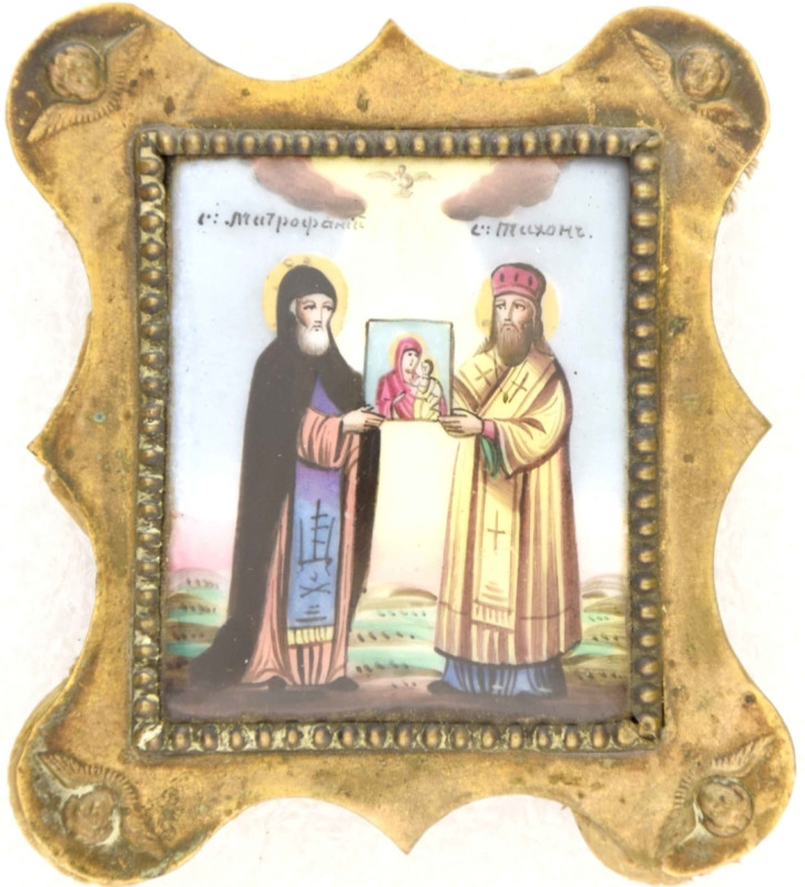 Antique 19c Russian finift icon of Tikhon & Mitrofan (14857)