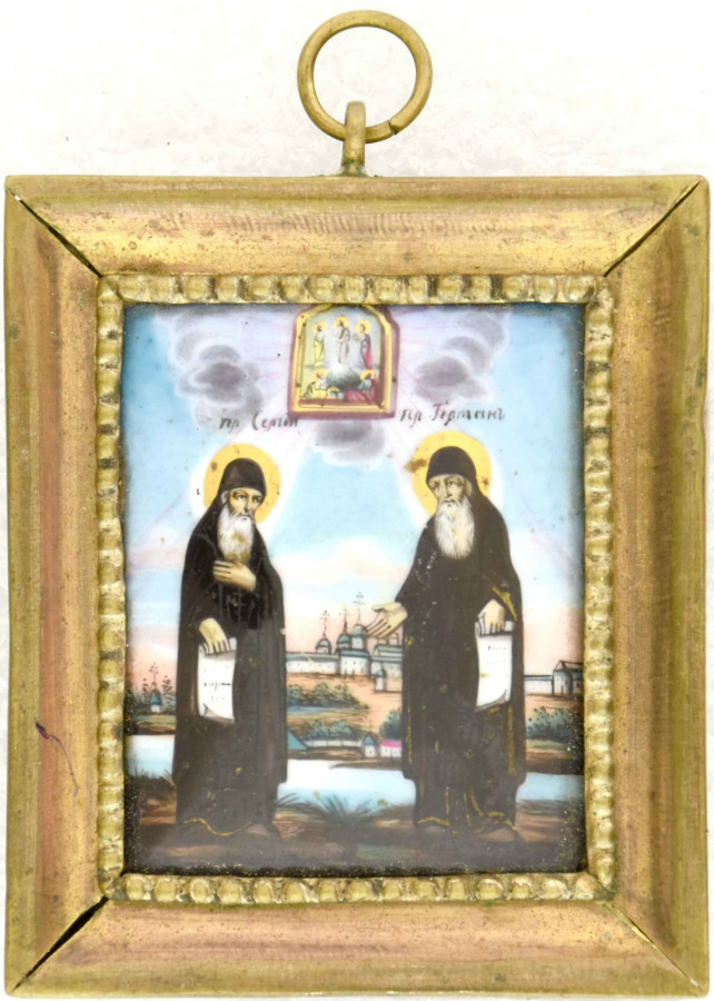 Antique 19c Russian finift icon of Sergiy & Herman (14825)