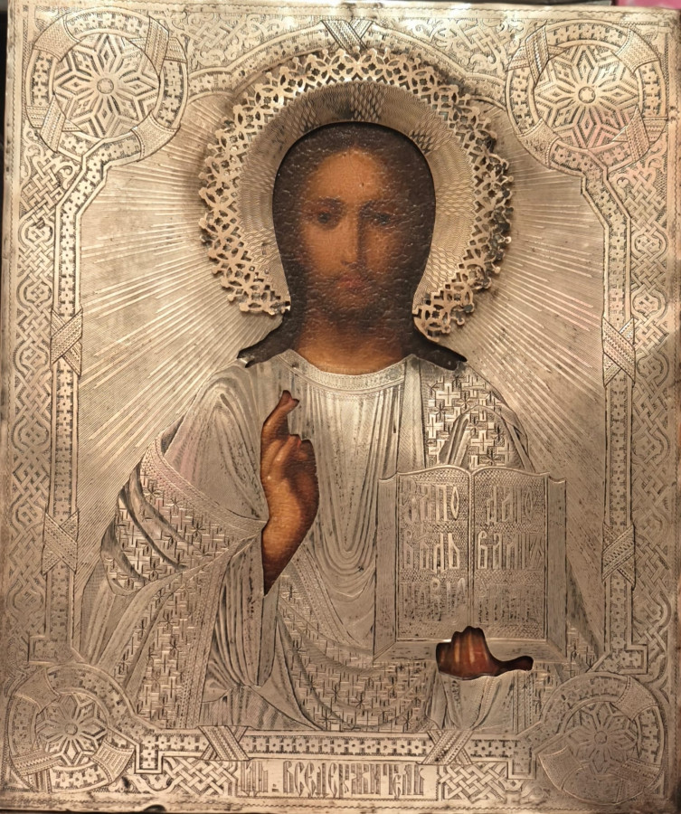 Antique 19c 84 Silver Russian icon of Christ (12036)
