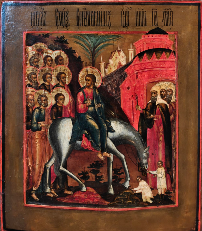 Antique 19c Russian icon of the Palm Sunday (6127)