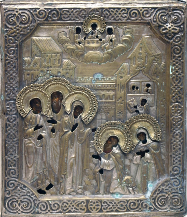 Antique 19c Russian icon of Appearance of Mother of God toSt Sergiy (3773)