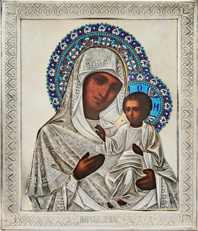 Antique 19c Russian 84 Silver Enamel icon Iverskaya (5557)