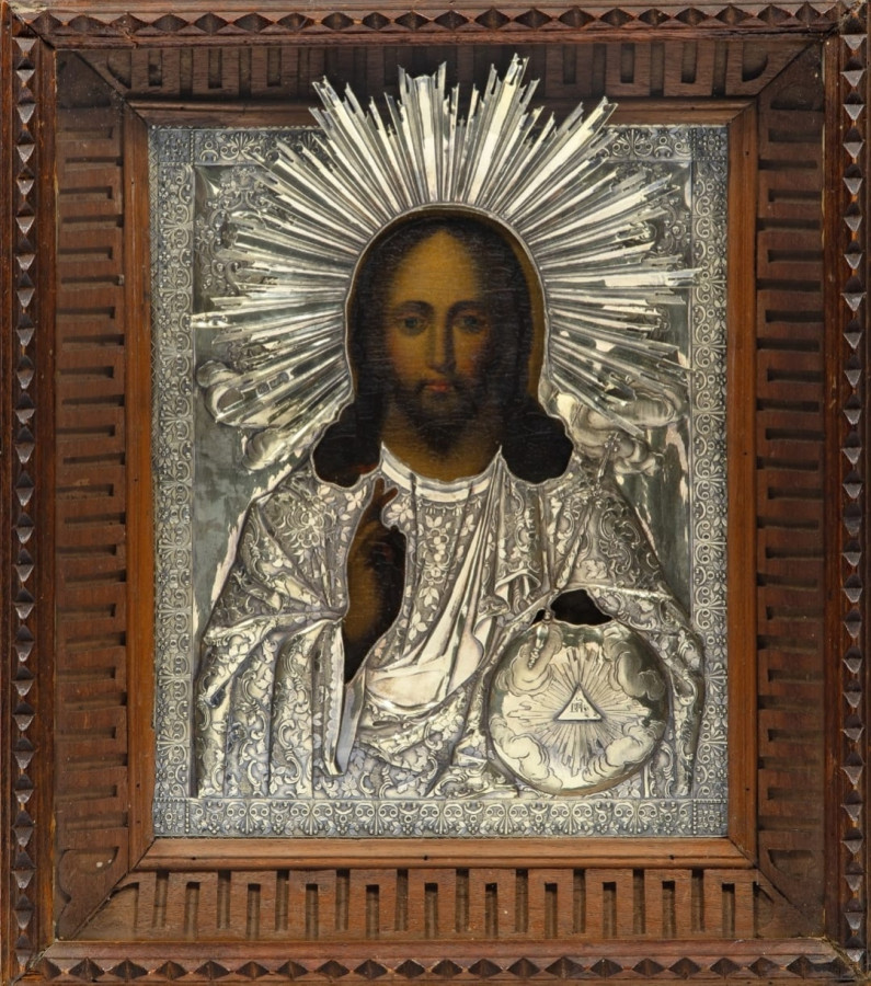 Antique 19c 84 Silver Russian Icon of Christ & kiot