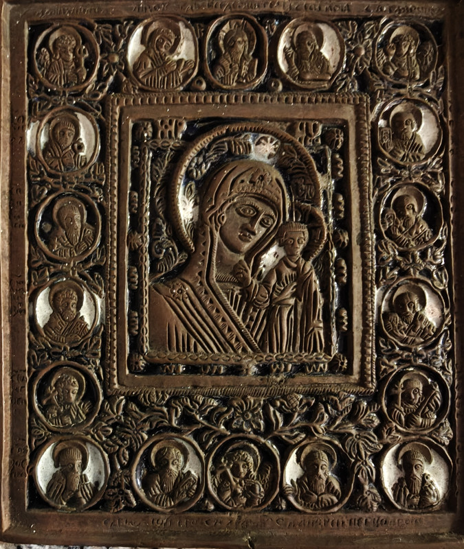 Antique 19c Russian bronze enamel icon of Kazan (2502)