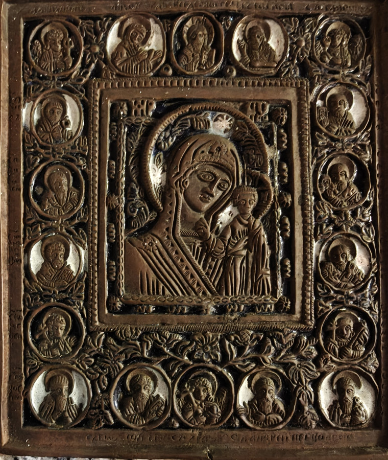 Antique 19c Russian bronze enamel icon of Kazan (2502)